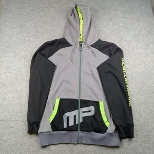 MusclePharm Hoodie Mens Large Gray Black Full Zip Fleece Sweatshirt Logo Graphic